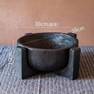 掬涵碳化桌面道花器黑色支架花盆花瓶侘寂风木花装饰果盘日式摆件