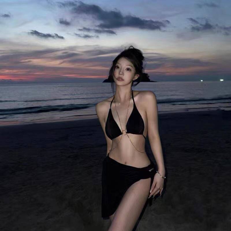 网红性感黑色链条泳衣女分体小胸聚拢比基尼三件套温泉度假泳厂家