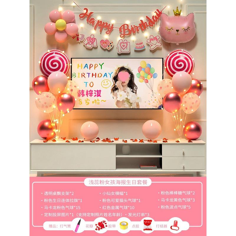 女孩女宝宝女童儿童周岁生日装饰场景布置派对电视背景墙投屏气球