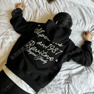 重磅拉链立体珍珠连帽情侣衣服秋冬黑色印花高街卫衣外套