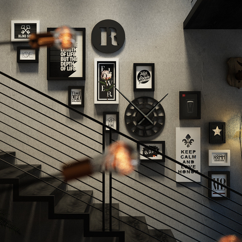 高分子2482复古楼梯照片墙led灯带发光相框工业风复古组合装饰画