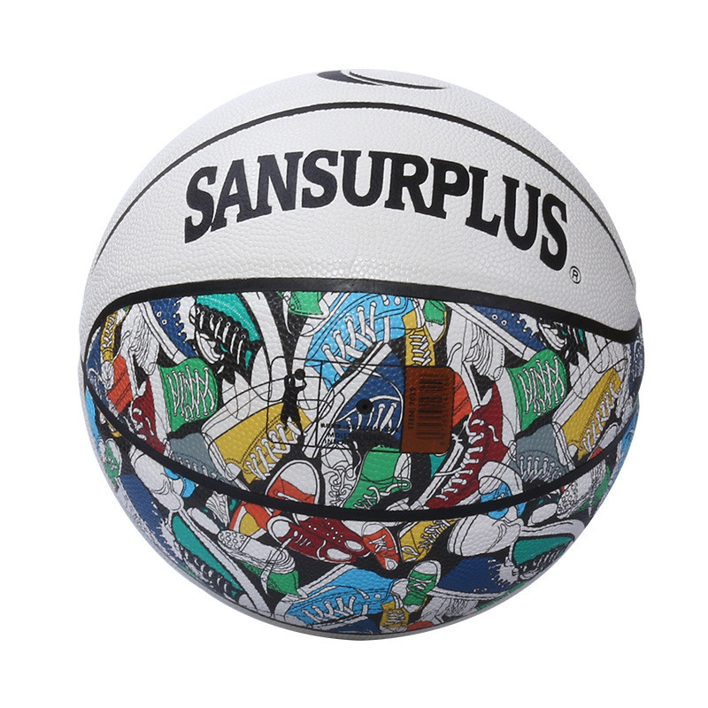 厂家批发4号5号7号pu双色(白+花)训练耐磨篮球比赛篮球