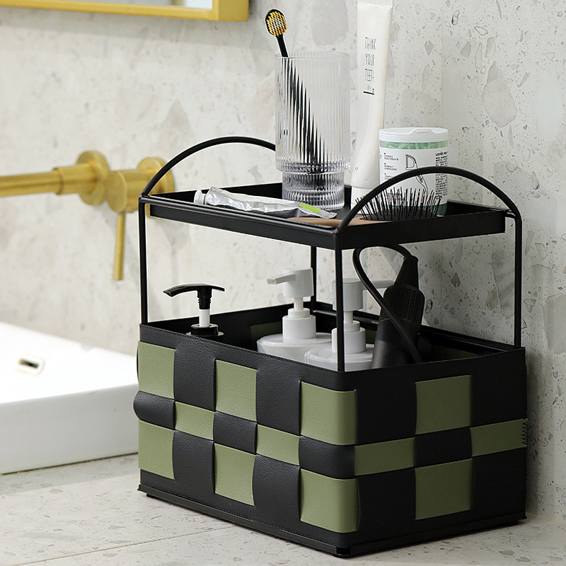 热销pu桌面收纳架二层置物架手工编织收纳筐棋盘格拼色高档轻奢整