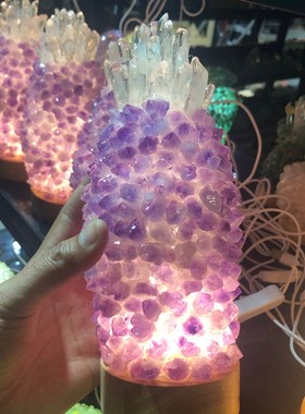 天然紫水晶菠萝小夜灯紫水晶牙原矿白水晶柱手工制作厂家直销