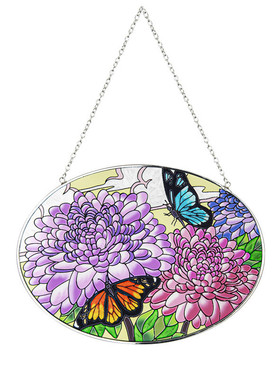 礼品工厂定制椭圆形彩绘蝴蝶花玻璃挂饰窗户挂件手工彩绘艺术源头