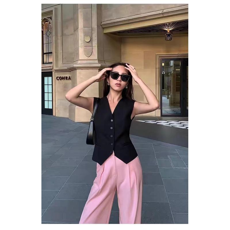 黑色V领小西装马甲女外搭复古短款叠穿时髦背心马夹无袖坎肩上衣