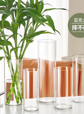 花瓶摆件客厅插花亚克力玻璃水养富贵竹鲜花透明直筒塑料醒花桶大