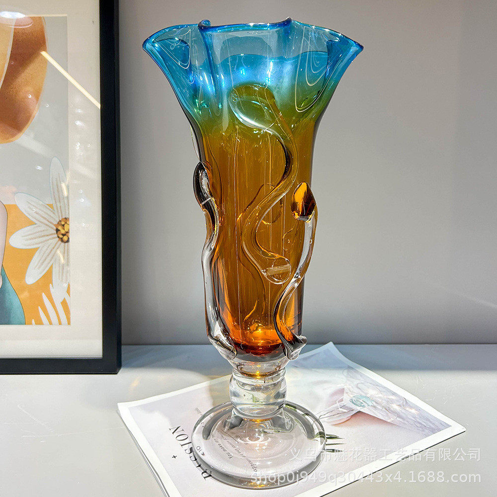 中古风手工艺术琉璃花瓶插花玄关餐桌客厅水培样板间高级装饰摆件,家居饰品,装饰摆件,淘宝优惠券,粉丝福利购,淘宝优惠卷