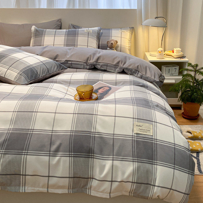 hx简约床上用品水洗棉格子四件套男床笠被套床单学生宿舍单人三件,床上用品,床品套件/四件套/多件套,淘宝优惠券,粉丝福利购,淘宝优惠卷