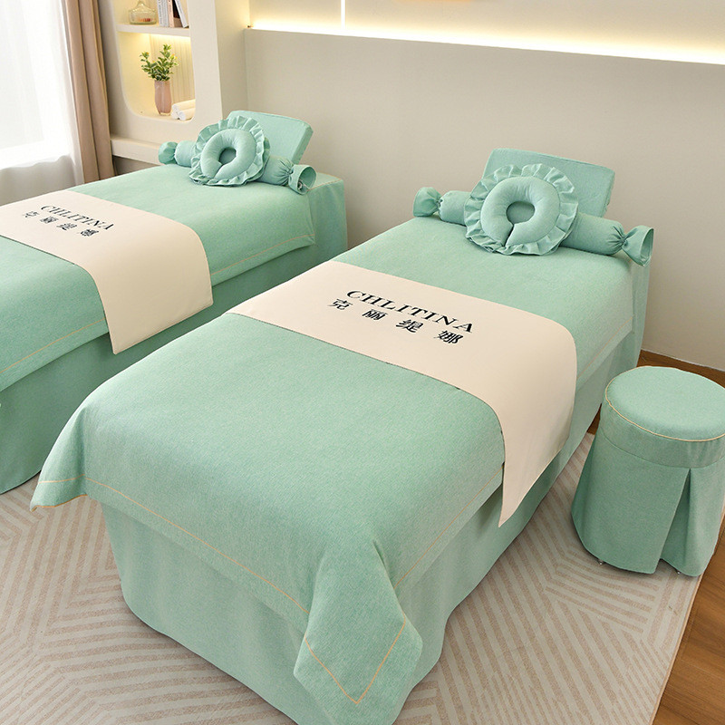 2024新款美容床罩四件套棉麻轻奢美容院按摩床罩洗头床床罩套