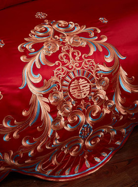 6b76新婚庆四件套大红色婚床刺绣结全棉品双人婚嫁六件套被套