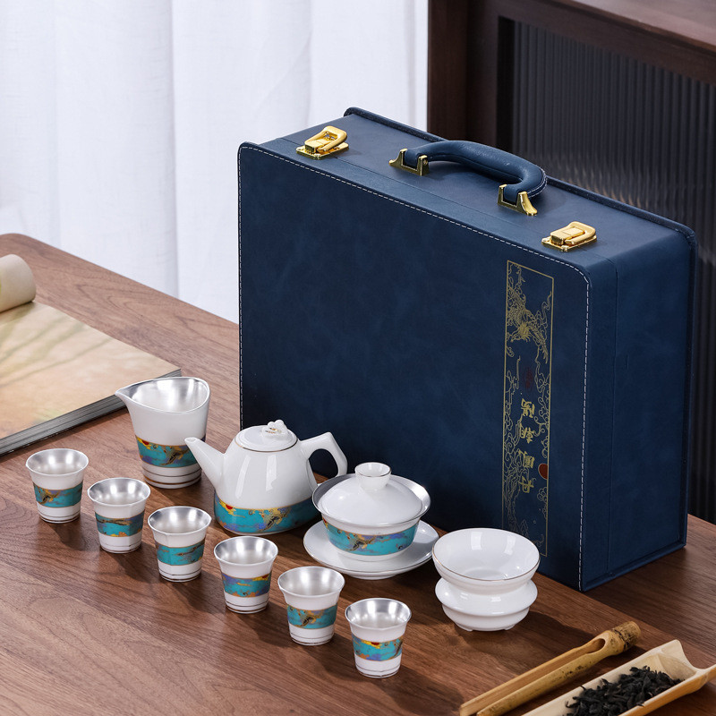 鎏银茶具套装陶瓷羊脂玉茶壶盖碗茶杯整套功夫茶具礼品家用办公