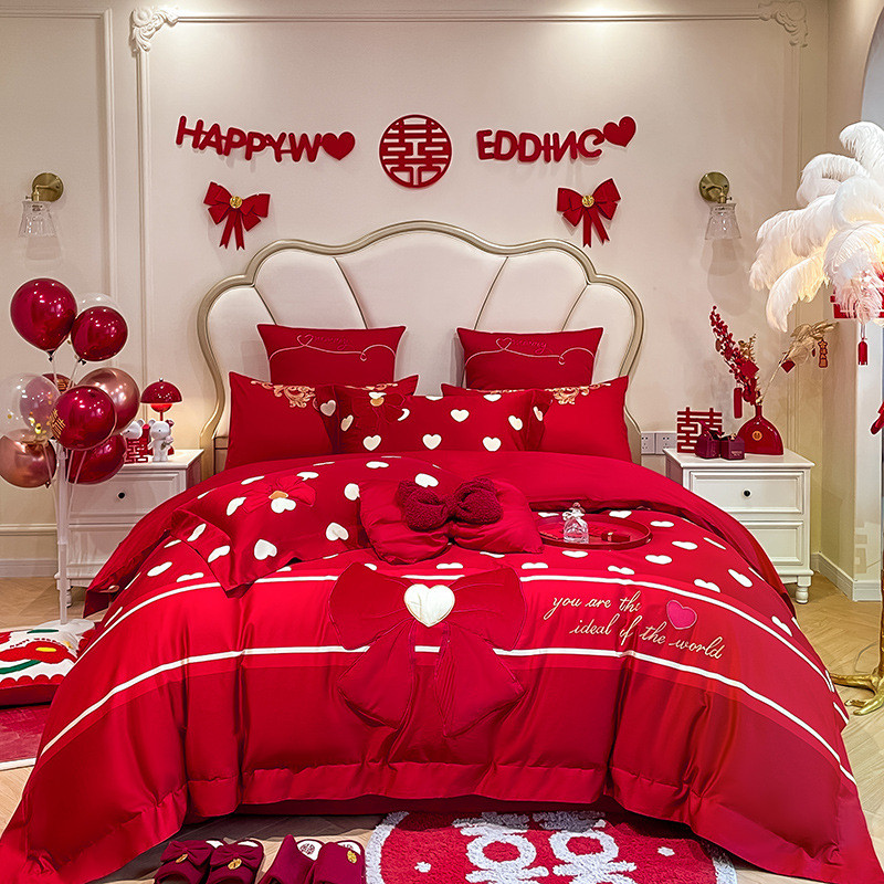 浪漫刺绣100支长绒棉全棉结婚四件套玫瑰婚庆大红色被套床上用品