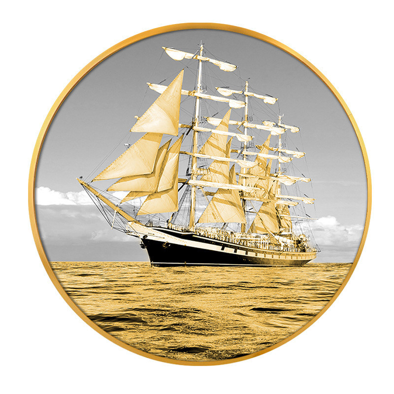 一帆风顺圆形玄关装饰画寓意好走廊酒店帆船现代挂画装修晶瓷壁画图片