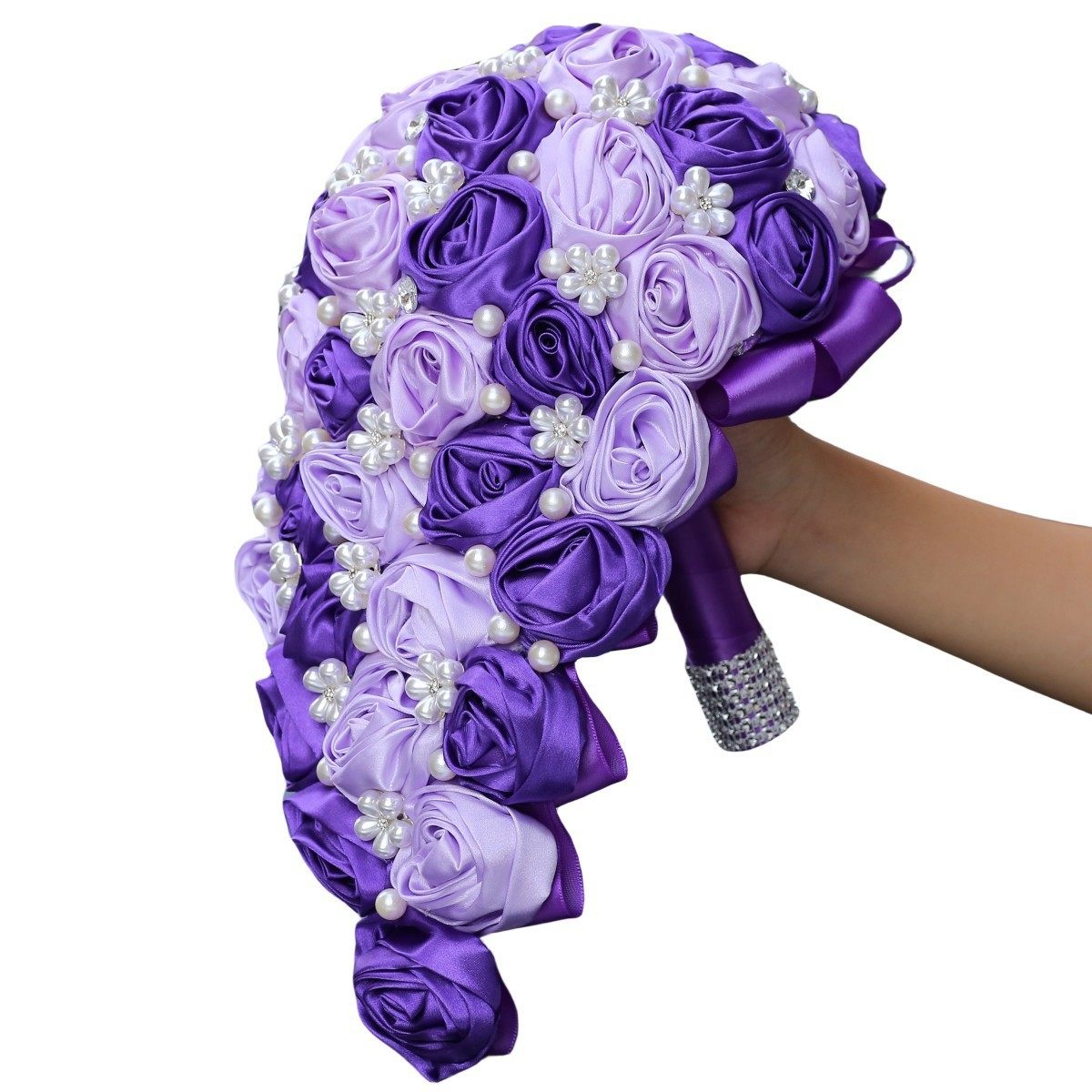 热销紫色水滴瀑布手捧花水钻新娘手捧花花婚庆手持满钻稳定货源w3