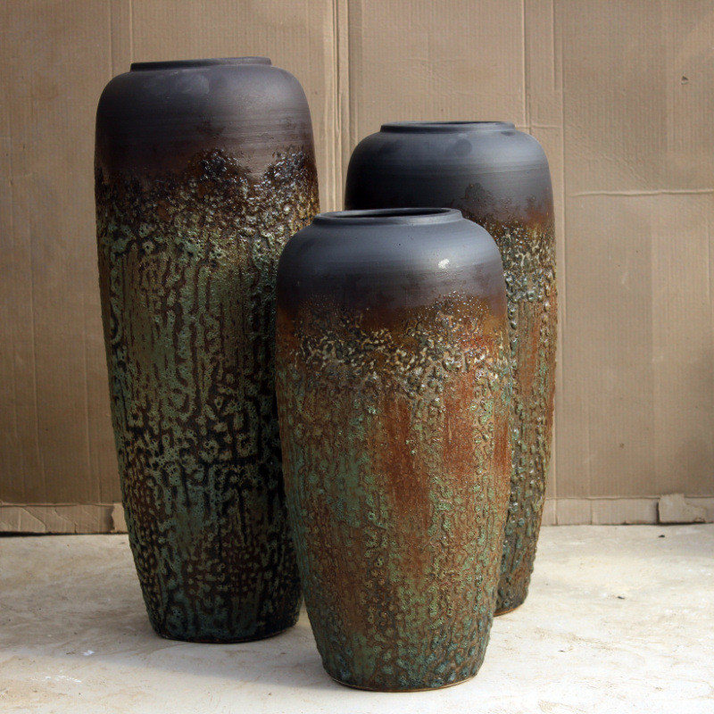 复古景德镇陶瓷花瓶三件套欧式玄关客厅陶罐装饰摆件现代创意花插