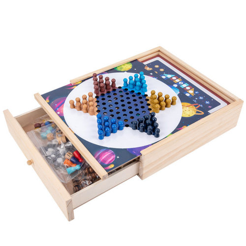 木盒跳棋飞行五子棋斗兽象棋多功能抽拉游戏棋儿童木制桌面游戏棋