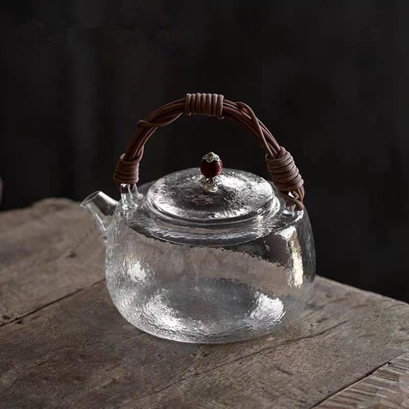 藤编玻璃提梁壶玻璃煮茶壶锤纹造型提梁壶透明耐热蒸煮一体茶壶