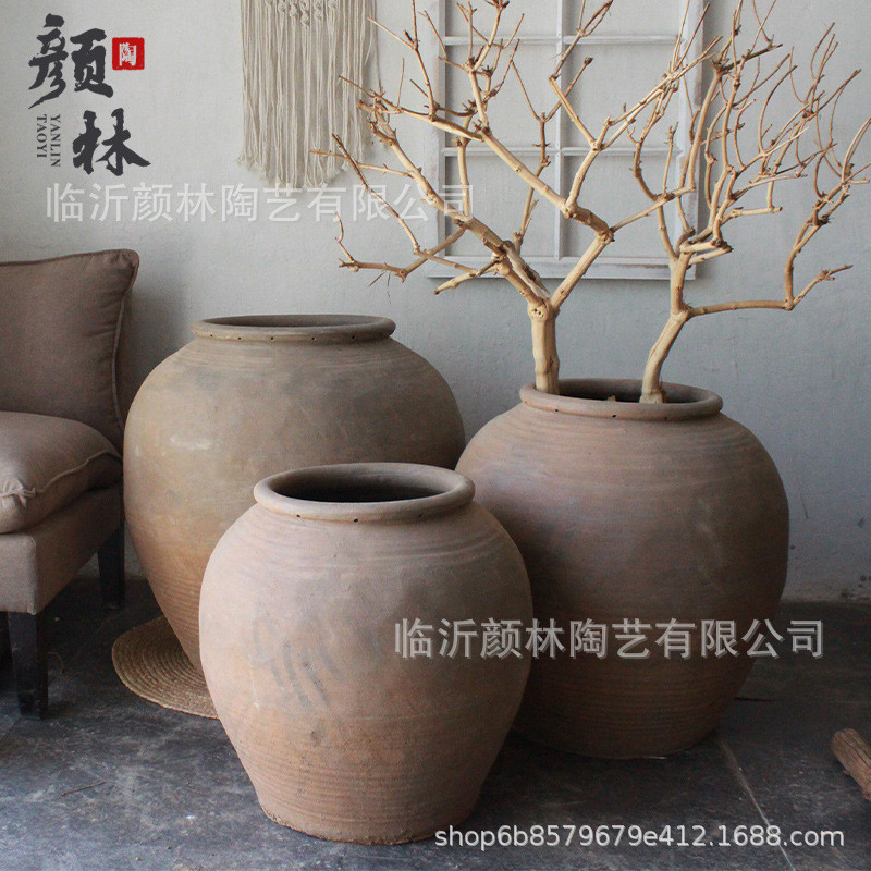 大翁瓶粗陶花瓶陶瓶陶缸景观花盆土缸民俗缸仿古土色陶罐旧缸老缸