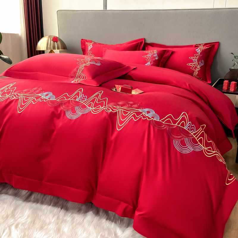 bg54大红色喜字刺绣婚庆四件套简约结婚陪嫁被套床单新婚喜嫁床上