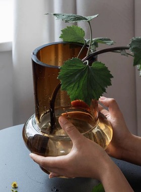 批发现代轻奢玻璃花瓶棕色高品质花器水培插花家居装饰摆件