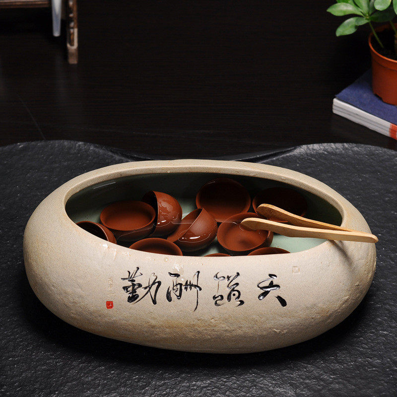 热销中大号陶瓷茶洗复古创意日式粗陶仿石头水洗手写文字笔洗爆品