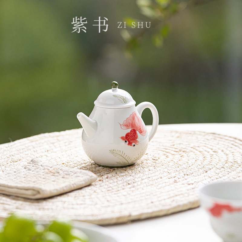 手绘锦鲤梨形壶陶瓷茶壶手工高档单壶家用女士精致茶具一人泡茶壶