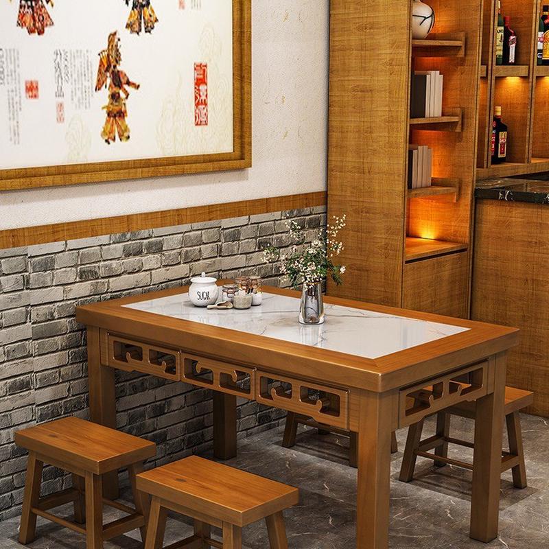 实木快餐饭店桌椅组合面馆早餐店小吃店中式仿古雕花玻璃岩板桌椅