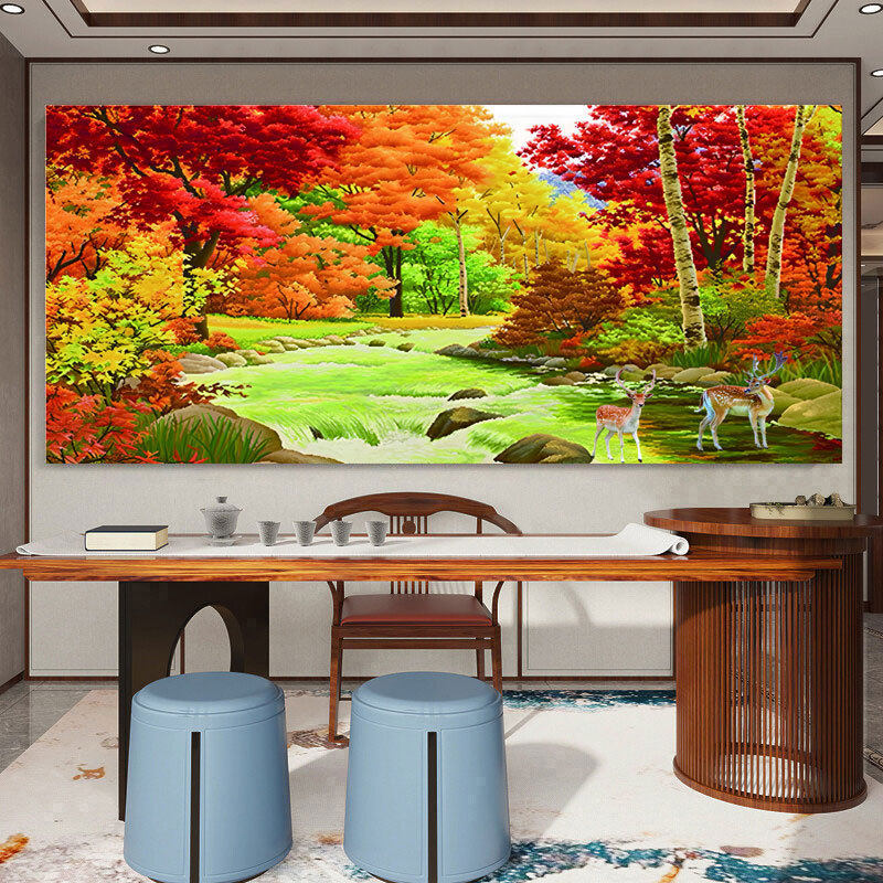 碧水金秋十字绣2024麋鹿客厅卧室餐厅新款风景流水生财手工自己绣