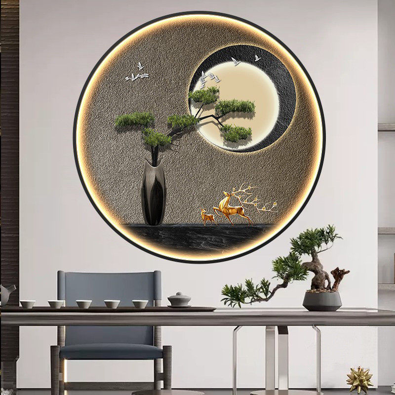 迎客松玄关装饰画led灯画圆高级感客厅茶室壁画形入户正对门挂画