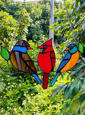 货源彩色玻璃工艺品玻璃小鸟挂饰三只鸟挂件礼品窗户挂件园林