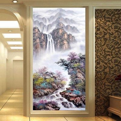 热销5d钻石画满钻客厅流水生财山水风景点贴钻钻十字绣竖版玄关钻