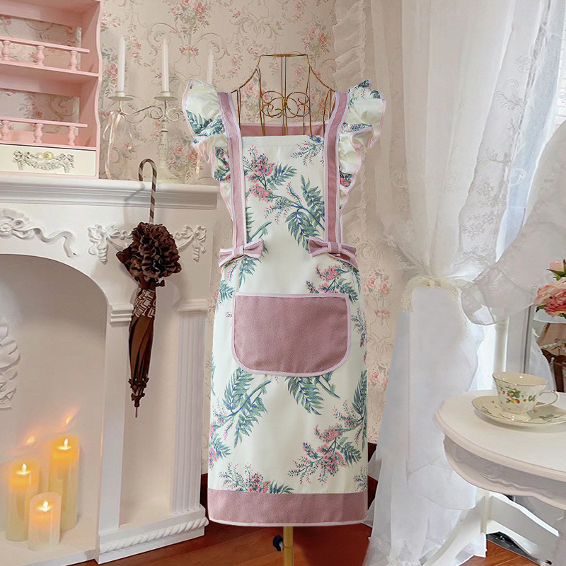 韩版时尚粉色花围裙日系居家做饭打扫卫生起罩衣一件防污批围裙