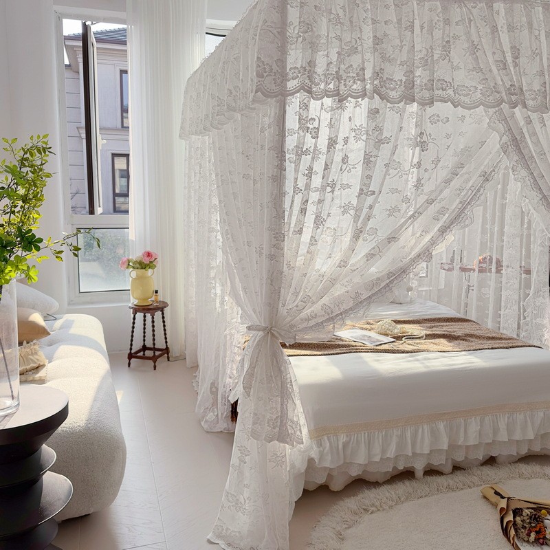 法式蕾丝蚊帐家用落地式宫廷三开门公主风卧室支架防蚊床幔架子床