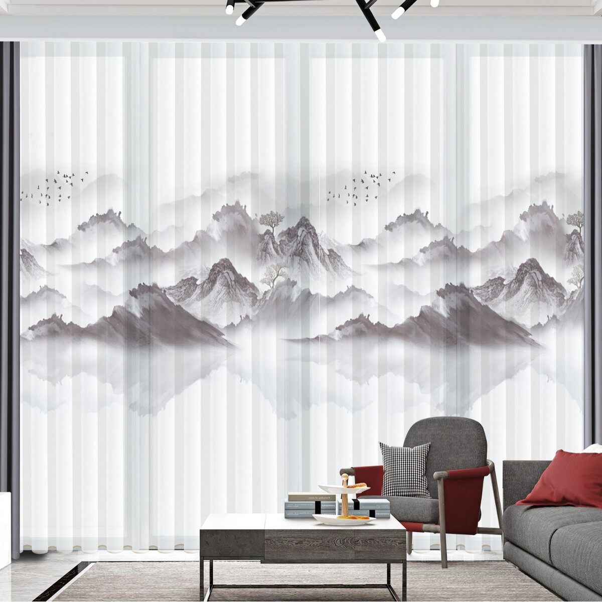 现代新中式水墨山水画风景客厅纱帘高档卧室名宿窗帘禅意书房窗纱