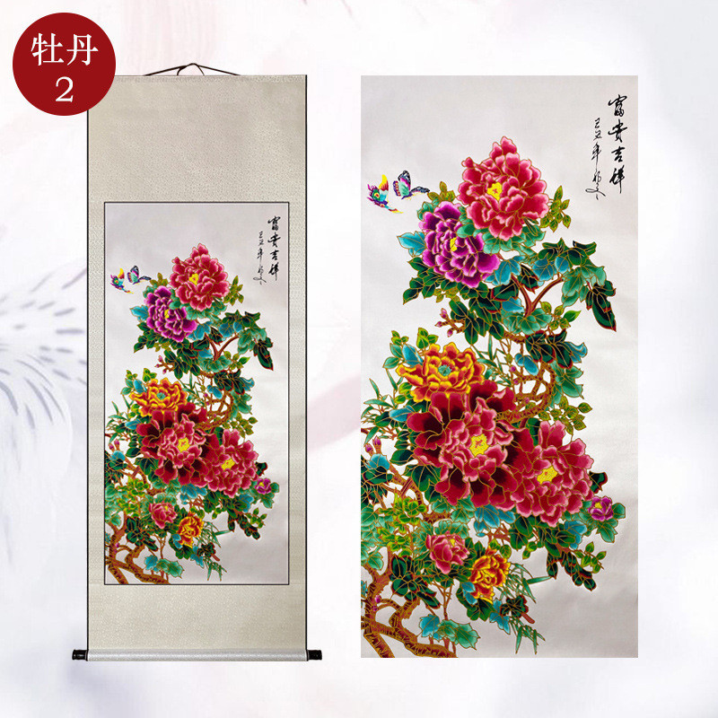 供应厂家蔚县剪纸装饰画轴手工染色修饰牡丹卷轴出国礼品送老外