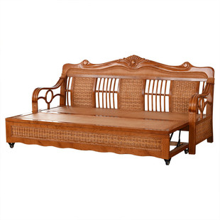 客厅藤木沙发床两用含折叠可伸缩藤席面推拉坐垫中式三人真藤家具