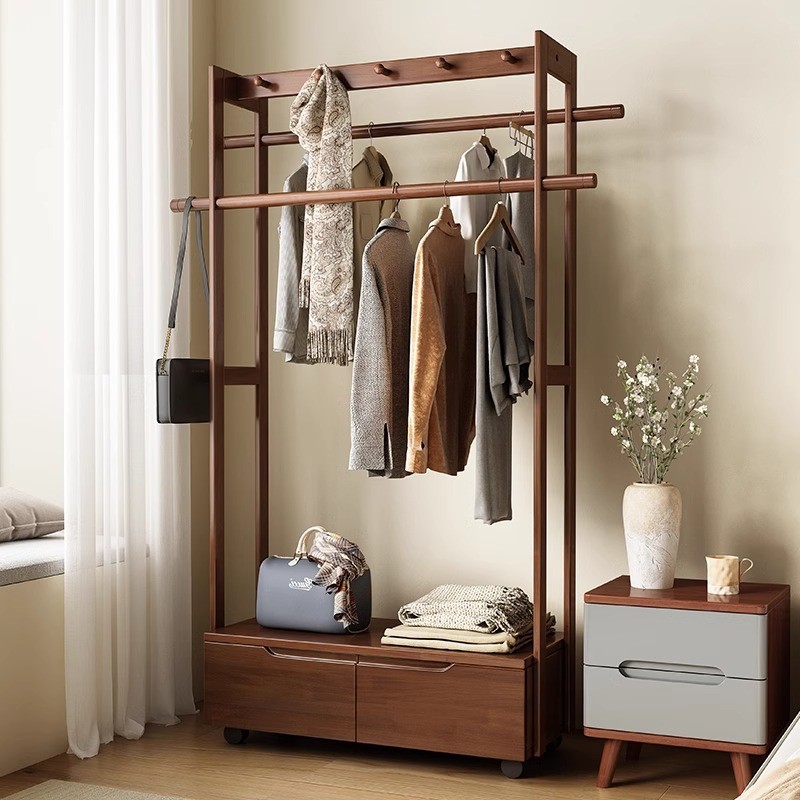 实木衣帽架家用带落地衣架便捷式滑轮置物架简约轻奢多功能收纳架