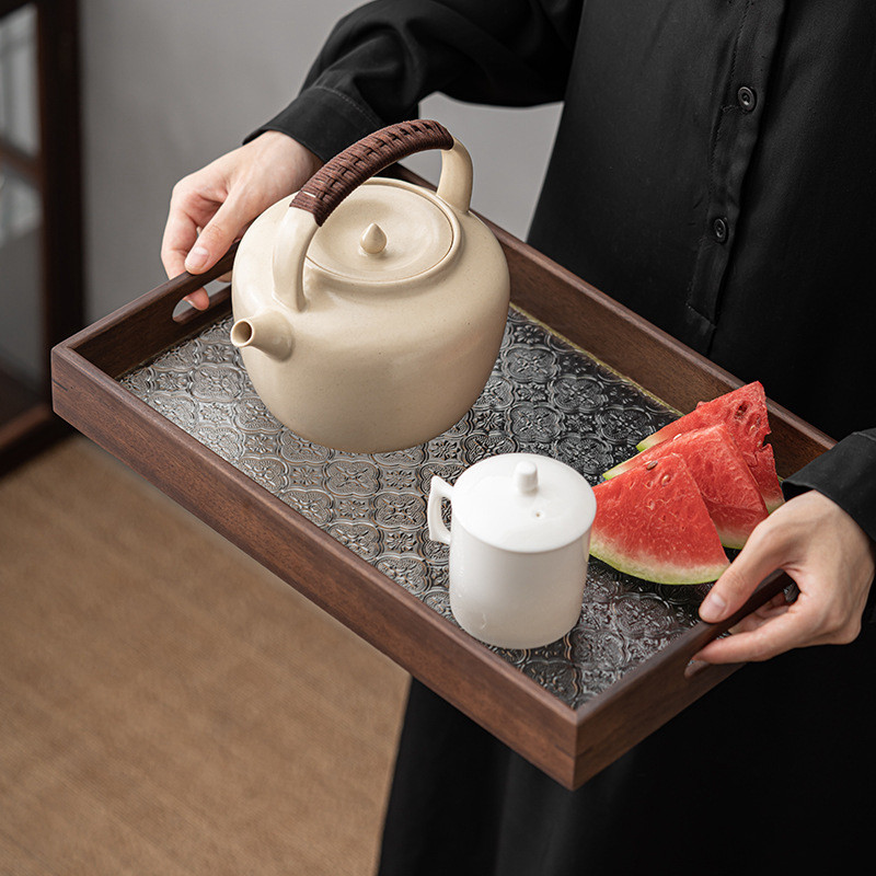 窗花玻璃长方形托盘家用胡桃木质茶盘茶杯茶壶收纳水果甜品点心盘