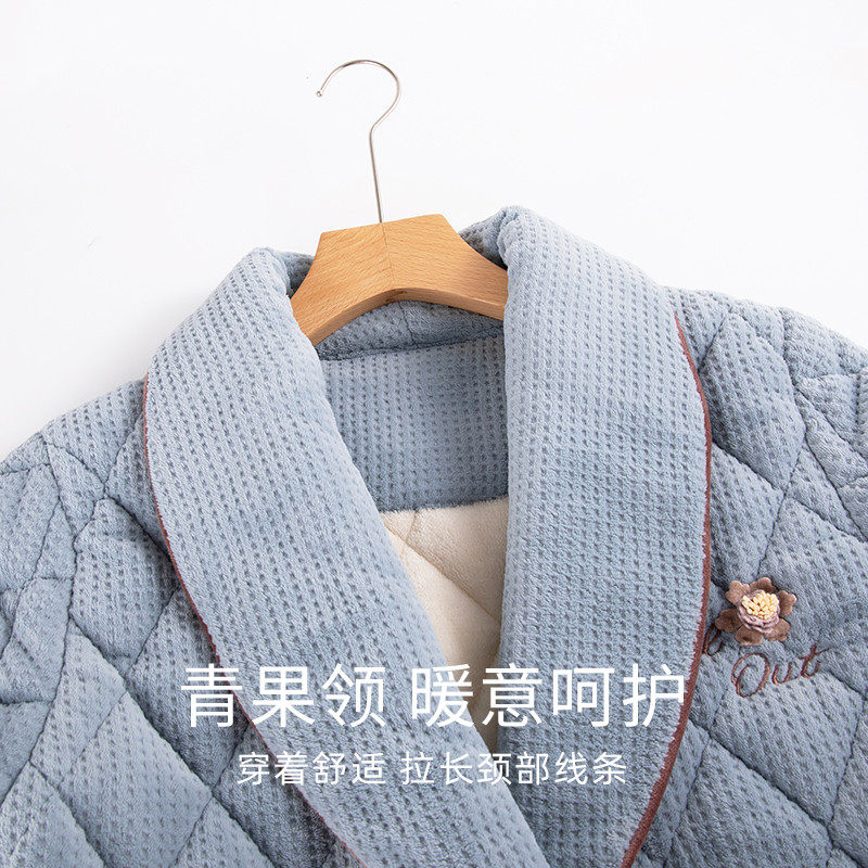 针织夹棉浴袍女冬季夹棉加厚保暖中长款女士可穿浴巾大码睡袍女款