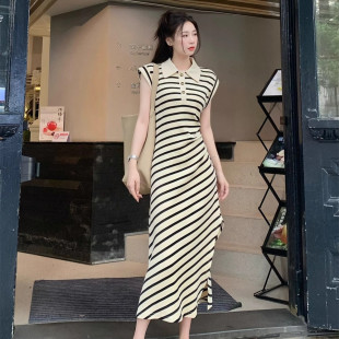 收腰显瘦小众 68小众高货韩版 小飞袖 撞色条纹连衣裙女夏季 2025新款