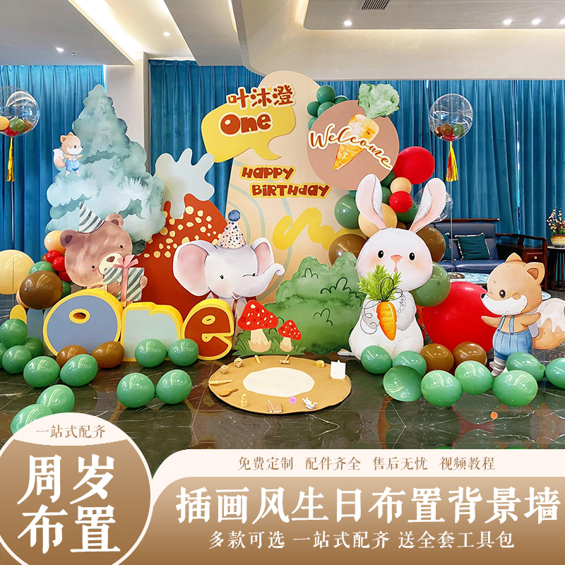 手绘插画风周岁宝宝百日宴布置满月酒气球背景墙kt板定制场景装饰图片
