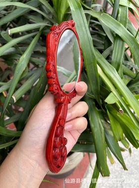 紫檀镂空雕花复古孔雀镜子长柄木质手持镜子旅游景点化妆镜礼品