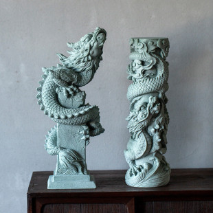 热销陶怡中式 饰摆件鱼缸造景 创意国潮盘龙石柱青砂石逗兽记家居装