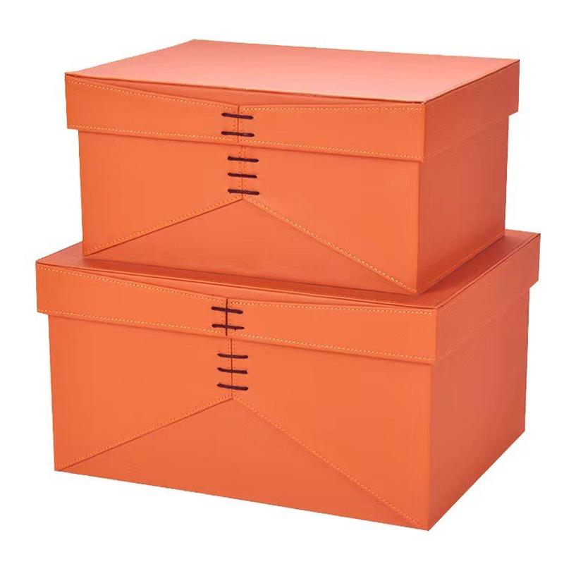 热销新中式储物pu皮质收纳储物箱样板间衣帽间柜顶角落木制整理盒