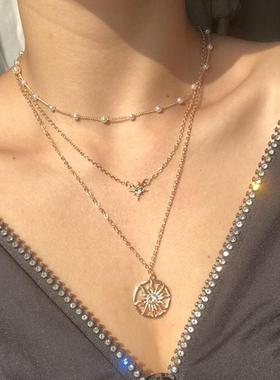Sun Pendant clavicle chain retro pearl multi-layer Necklace