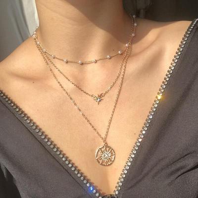 Sun Pendant clavicle chain retro pearl multi-layer Necklace