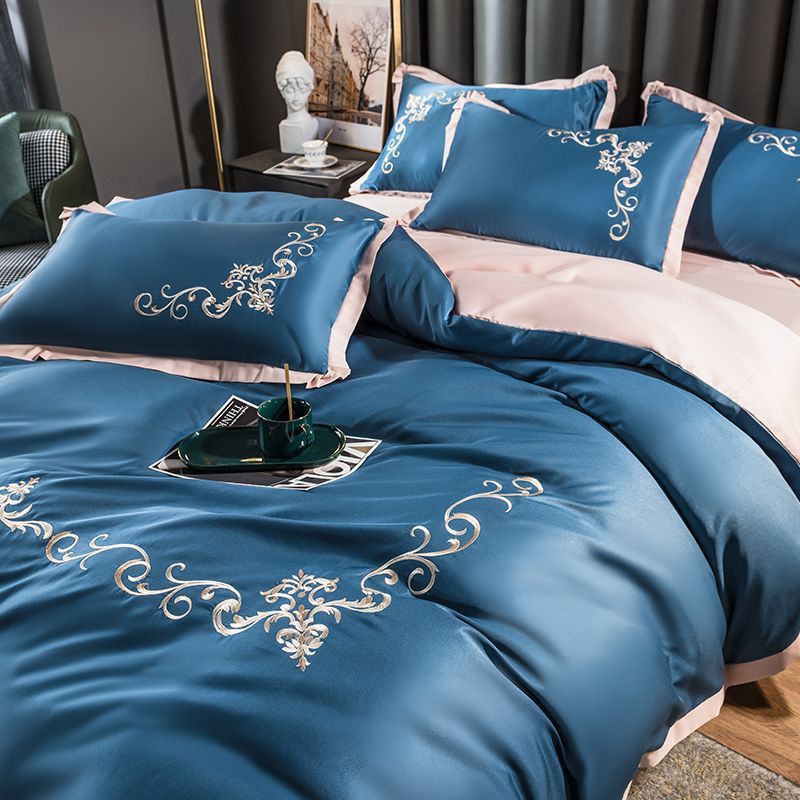 夏季冰丝床上四件套酒红色结婚婚庆床单被套欧式轻奢床品三件套件