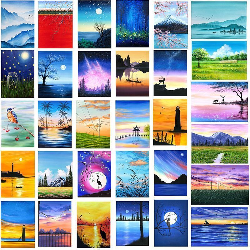 丙烯画美术画片画室油水粉手绘风景画色彩基础入门简单临摹卡片