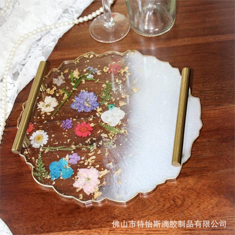 香薰托盘 托盘珠光白透明真花干花金箔法式树脂滴胶时尚把手托盘卧室置物盘